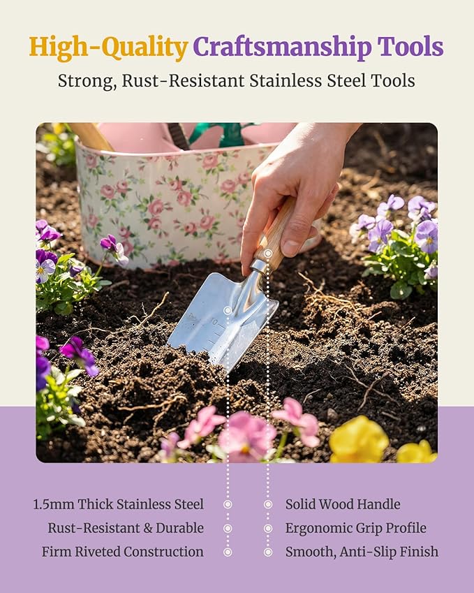 9-Piece Garden Tool Set Heavy-Duty Rust-Resistant Stainless Steel Tools Gardening Kit with Metal Garden Caddy Ideal for Home Garden &amp Gifting (Pink)