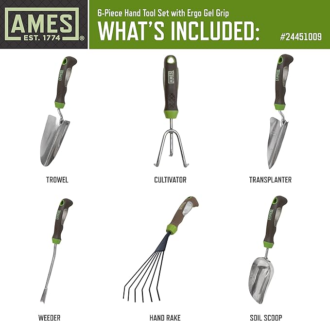 AMES 24451009 6-pc. Ergo Gel Grip Garden Tool Set with Hand Trowel Weeder Rake Transplanter Scoop &amp Cultivator