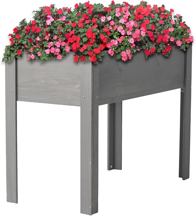 Donext 40 Inch Elevated Planter Box Solid Wood Standing Garden Bed with 4-Leg Design Brown Finish Raised Planter for Patio Balcony Gardening(Gray)