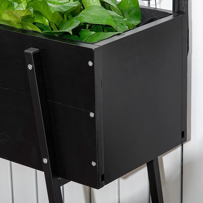 Raised Garden Bed with Trellis Storage Shelf Elevated Planter Box with Metal Legs Bed Liner and Drainage Holes for Vegetable Vines Climbing Plants Flowers Black