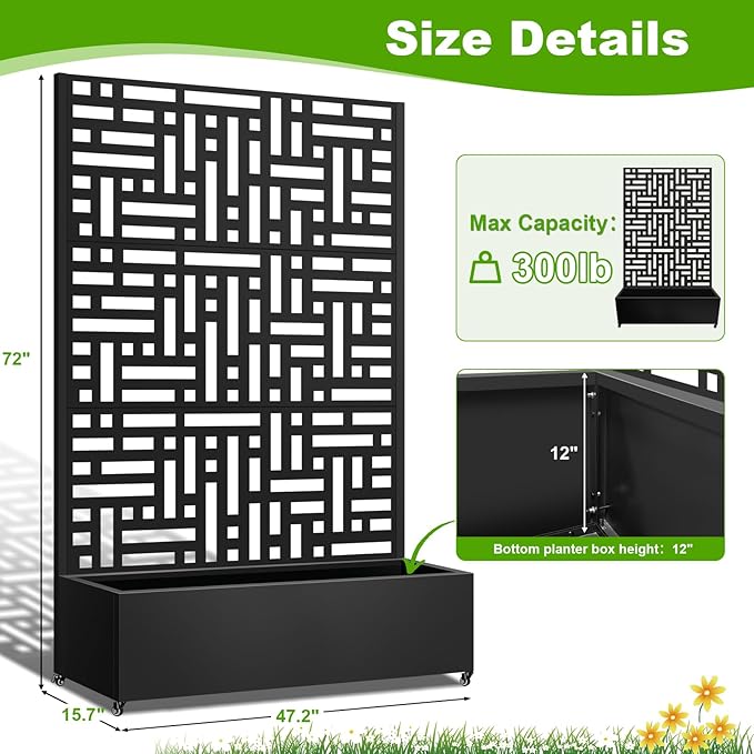 Metal Planter Box with Trellis 72x47x16 Metal Raised Garden Bed with Trellis Trellis Planter Box with Drainage Holes &amp Lockable Casters for Climbing Plants Vegetables and Vines