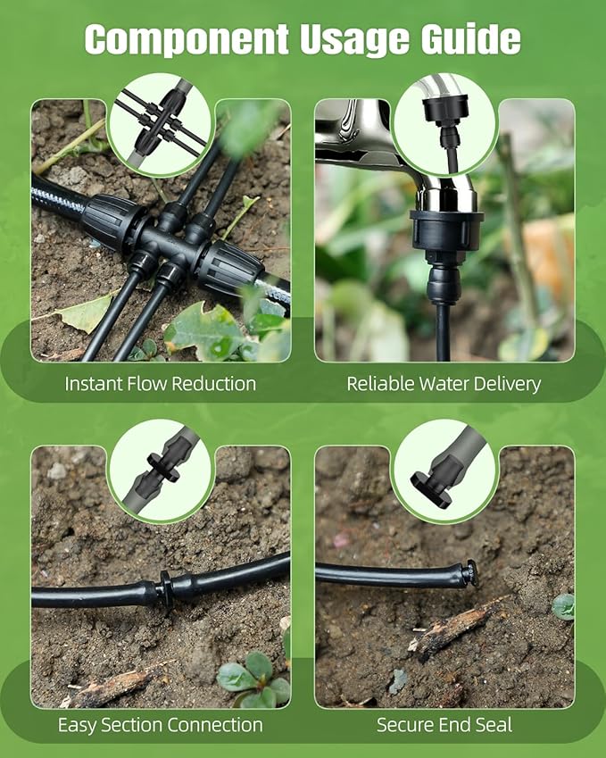 Pawfly 100 ft 1/4 Drip Irrigation Tubing 1/4 Emitter Tubing with 6 Spacing Polyethylene Drip Line with 12 Parts Black Distribution Tubing for Drip Irrigation System Drip Irrigation Hose Roll