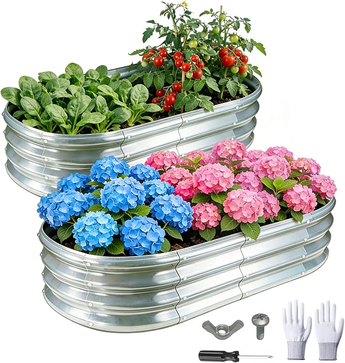 GOOZOO 2PC Galvanized Planter Raised Garden Beds 4x2x1ft Raised Garden Bed Kit for Gardening Outdoor Oval Metal Land Planter Box for Vegetables Fruits Flowers（Silver）