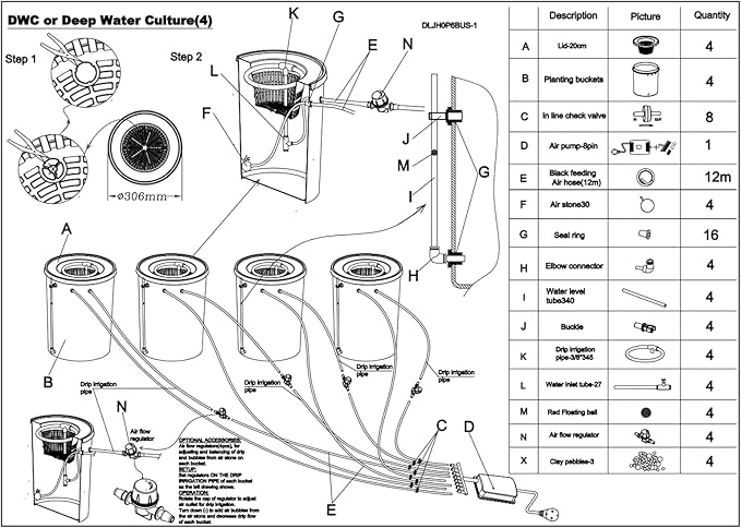 4-Bucket DWC Hydroponics Growing 5 Gallon Soilless Indoor Growing System Recirculating Drip Garden System with Multi-Purpose Air Hose Air Pump and Air Stone