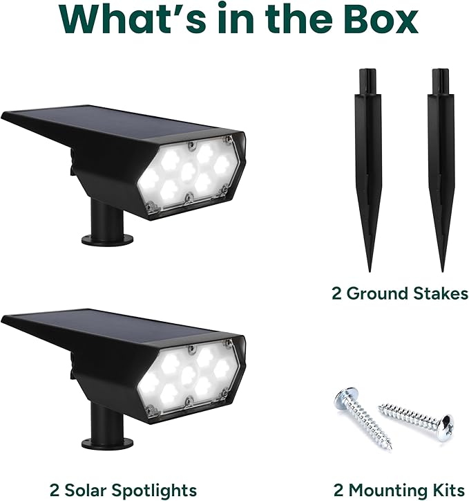 TECHKO Outdoor Solar Spotlight with Wall-Mount &amp Ground-Stake Dusk-to-Dawn Outdoor Waterproof IP65 Multiple Lighting Modes Solar Powered Garden Yard Spot Lights for Outside Landscape (2-Pack)