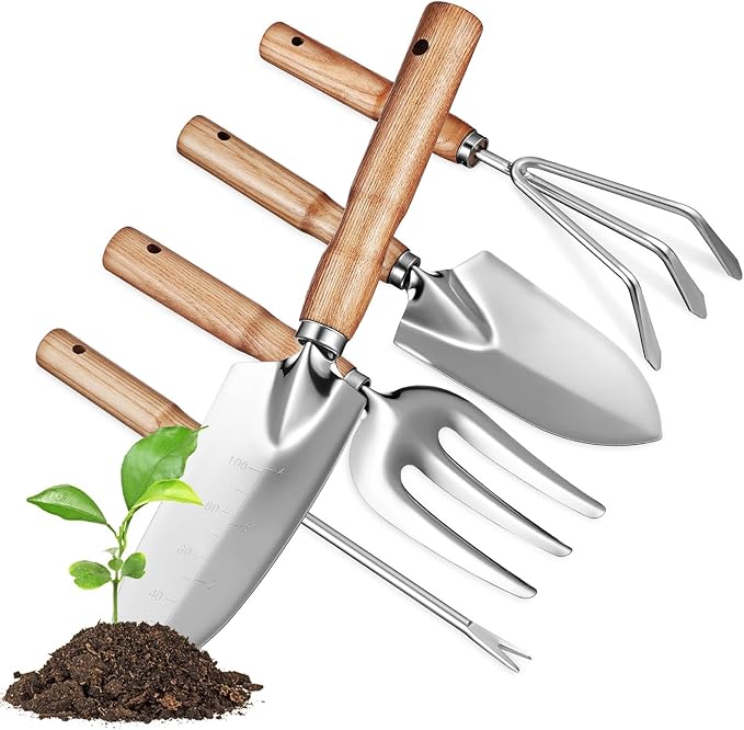 Sturdy Garden Tools Set with Smooth Wooden Handles Multi-Functional Tools for Digging Pruning Planting Rust-Resistant Stainless Steel Gardening Kit for Outdoor Use