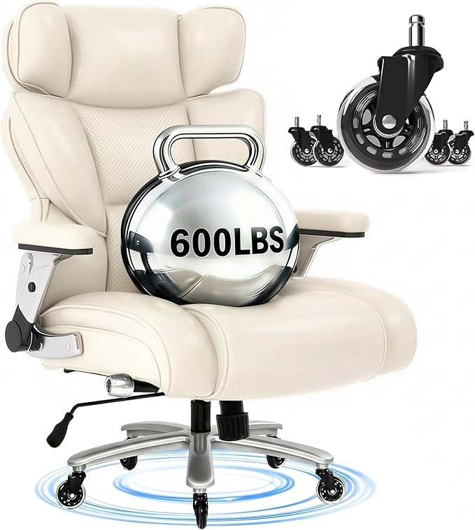 FLEXISPOT 600lbs Big and Tall Office Chair for Heavy People Heavy Duty Computer Desk Chair with Dynamic Lumbar Support 2D Armrest Blade Wheels Chairs for Home Office Gaming Working Leather Beige