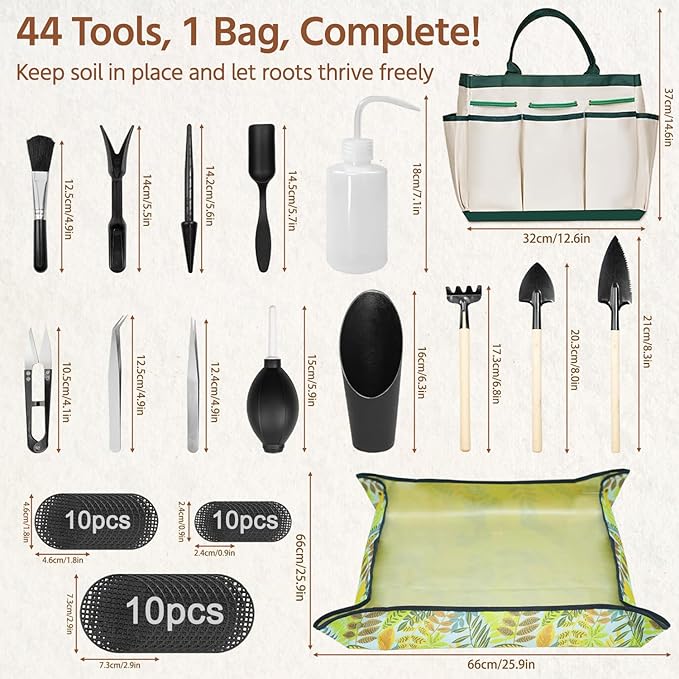 LASZOLA 45 pcs Repotting Set with Potting Mat Tiny Tools for Indoor Plants Succulents Gardening Bag Kit with Waterproof Tray and Mini Tools Ideal for Soil Replacement Seedling Transplanting Yellow