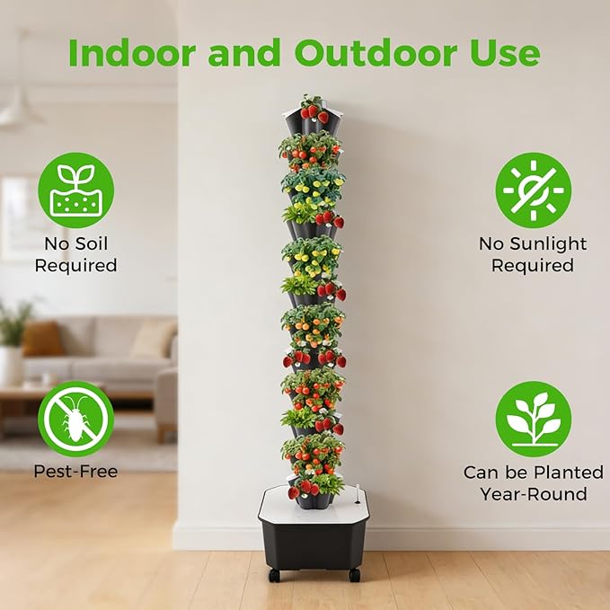 Hydroponic Grow Tower 12 Tiers 60 Holes 6.6Gal Indoor Vertical Garden System with Water Pump Automatic Water Circulation - Garden Hydroponic Growing Kit for Leafy Vegetables Herbs Strawberries