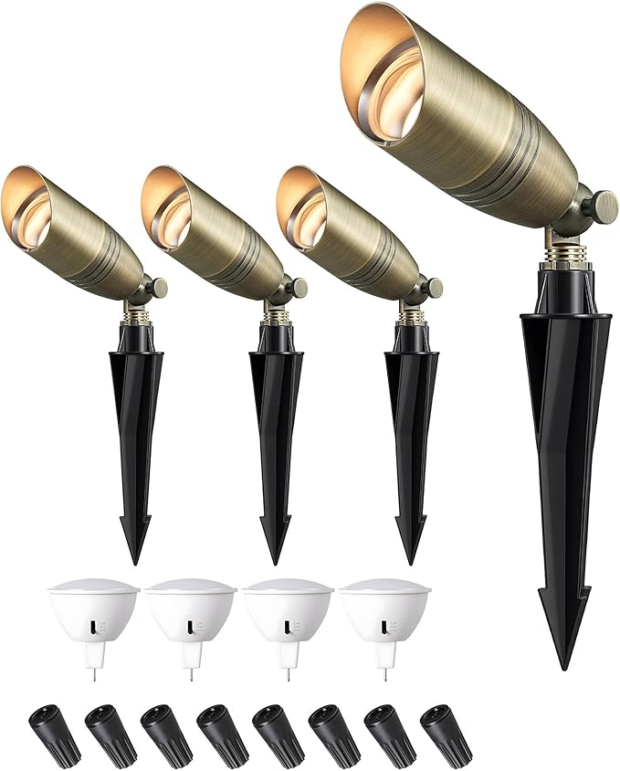 EDISHINE Solid Brass Landscape Spotlights 12V LED Low Voltage Landscape Lights 3CCT MR16 Bulb Included Bronze Heavy Duty Waterproof Spot LightsOutdoor Lighting for Garden Yard Tree 4 Pack
