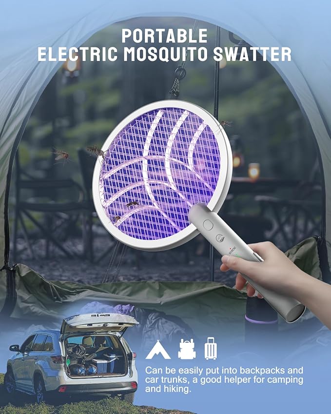 Electric Fly Swatter Racket 4000V Bug Zapper with 1800mah Rechargeable Battery &amp Dual Modes 2 in 1 Purple Mosquito Light Killer with 3-Layer Safety Mesh for Indoor Home Patio Camp(2 Pack)