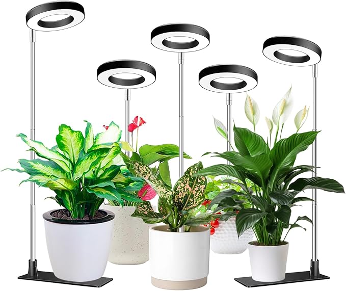 Grow Lights for Indoor Plants Full Spectrum Plant Lights for Indoor Growing Height Adjustable Halo Grow Light with Base 3 Optional Spectrums Auto Timer 3/9/12Hrs 10 Brightness 5 Pack