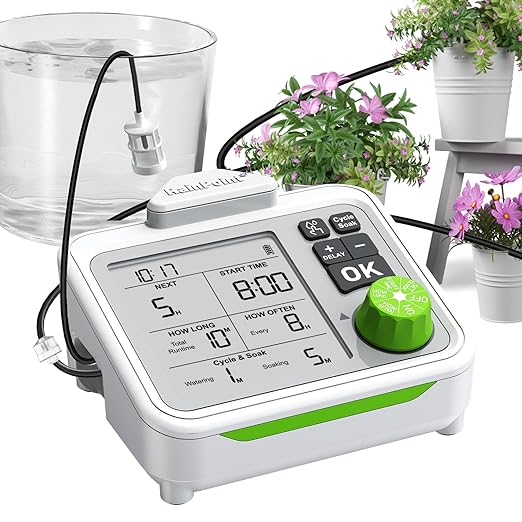 RAINPOINT Large Display Automatic Plant Waterer Indoor for Pot PlantCycle &amp Soak Mode Vacation Self Watering Drip Irrigation System Device Kit Herb Garden Greenhouse Grow Tent Water 10-15 Plants