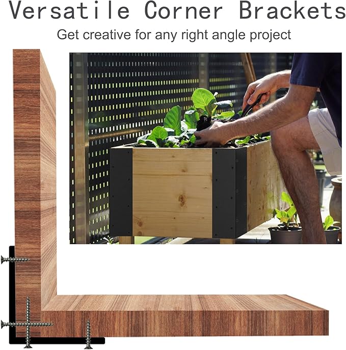 8 Raised Garden Bed Corner Brackets for 20 - 24 Garden Beds L-Shaped Reinforced Connectors (11x3x3) Black Metal with Long and Short Screws