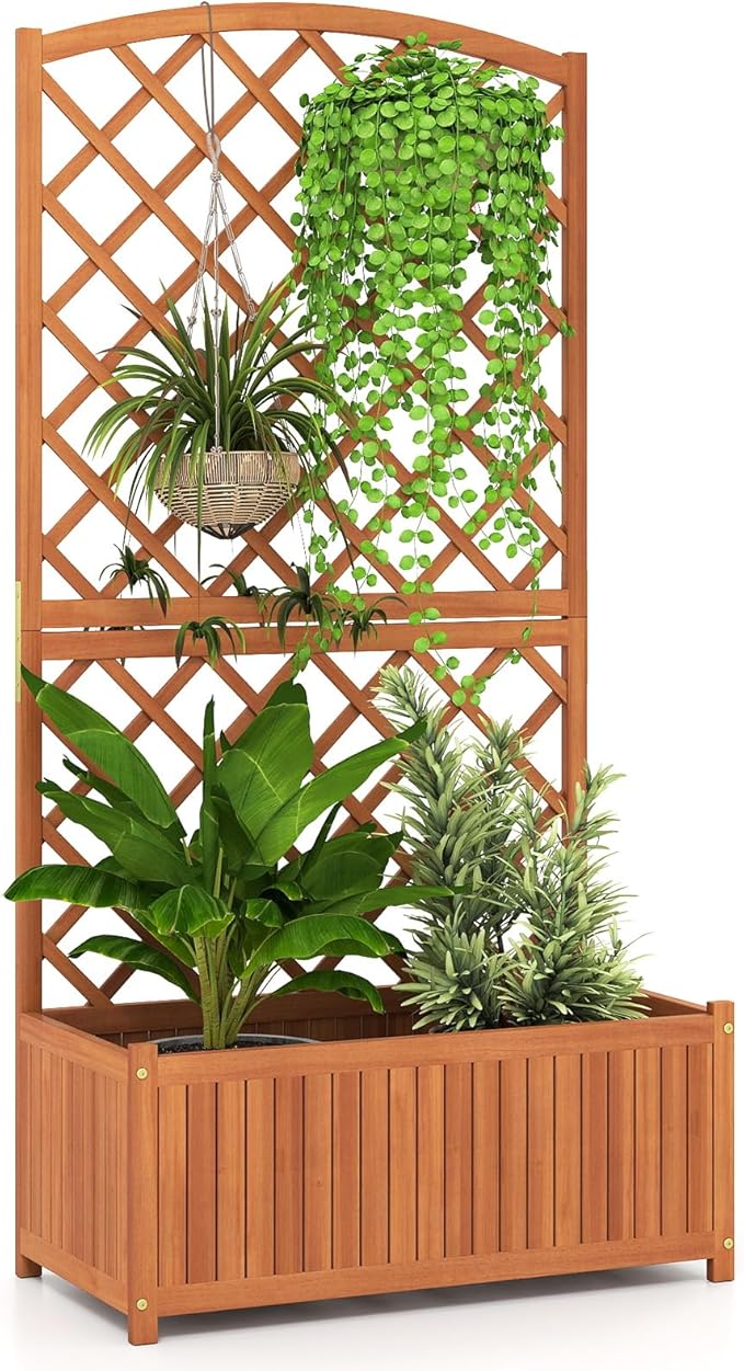 Giantex Solid Acacia Wood Planter Box with Trellis 63 Raised Garden Bed with Trellis Plant Box Slat Base Outdoor Privacy Planter for Vine Climbing Plants Flowers Garden Patio Balcony