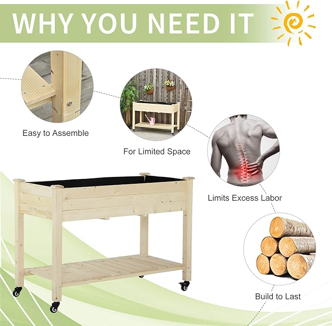 Raised Garden Bed 47 x 22 x 33 Elevated Wooden Planter Box w Lockable Wheels Storage Shelf and Bed Liner for Backyard Patio Natural
