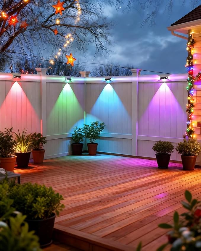 Solar Fence Lights Outdoor 6 Pack Deck Lights with 12 Mode RGB Color Changing Warm/Cool White IP65 Waterproof Dusk to Dawn Solar Light for Fence Wall Patio Step Backyard Outside