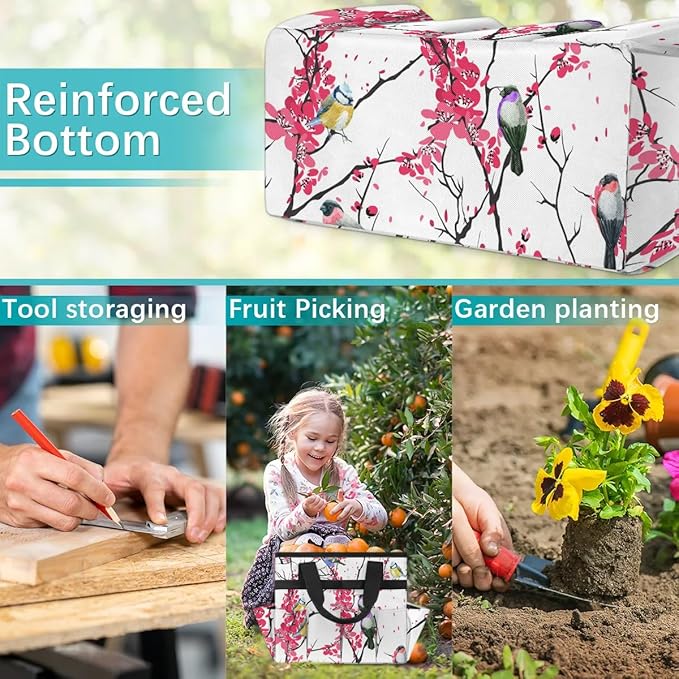 Garden Tool BagFloral Bird Tree Branch Gardening Organizer Bag With Pockets Garden Tool Kit Storage Tote for Women Men Garden Tool Set Holder