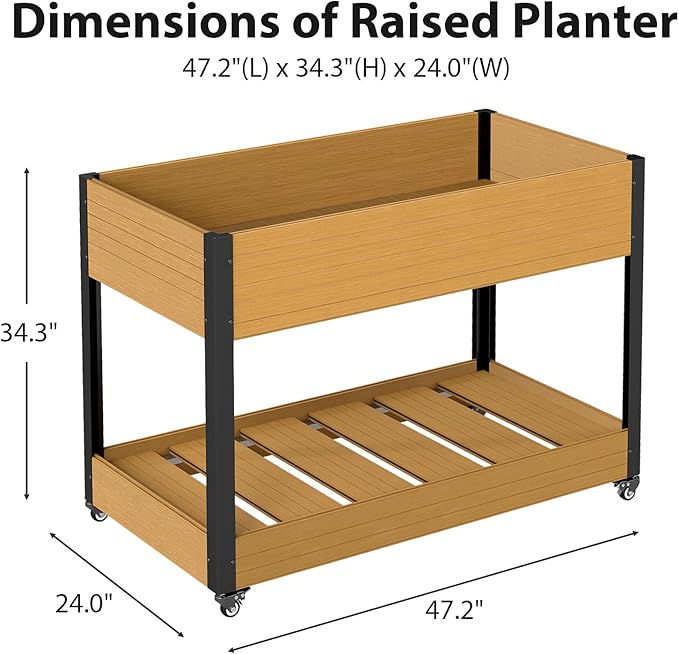 mondaria Mobile Raised Garden Bed 48x24x34 Elevated Planter with Lockable Wheels Wood Plastic Composite Standing Garden Container for Backyard PatioYellow Teak