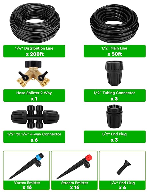 250FT Drip Irrigation System for Garden - 50FT 1/2 Main Tube &amp 200FT 1/4 Branch Tubing Brass Splitter Quick Connect Design Perfect for Outdoor Plants Raised Beds Greenhouses