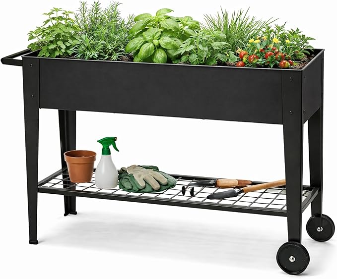 InSideOut Elevated 40 Raised Garden Bed Outdoor with Wheels &amp Shelf for Mobility Metal Planter Box for Vegetables/Herbs Patio-Balcony-Backyard (Charcoal)