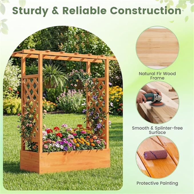 Fir Wooden Raised Garden Bed with Trellis &amp Flat Roof Planter Box for Climbing Plants Outdoor Planting Stand Roof Climbing Plant Support Raised Beds Backyard Planter Wooden Garden Planter - Ora