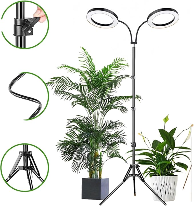 Plant Grow Light 3/9/12h Timer 6 Brightness 360 Gooseneck Tube 2/3 Heads 108 LEDs Full Spectrum Plant Light with Height Adjustable &amp Tripod Stand for Indoor (US Plug 2 Heads 20W Use 2A