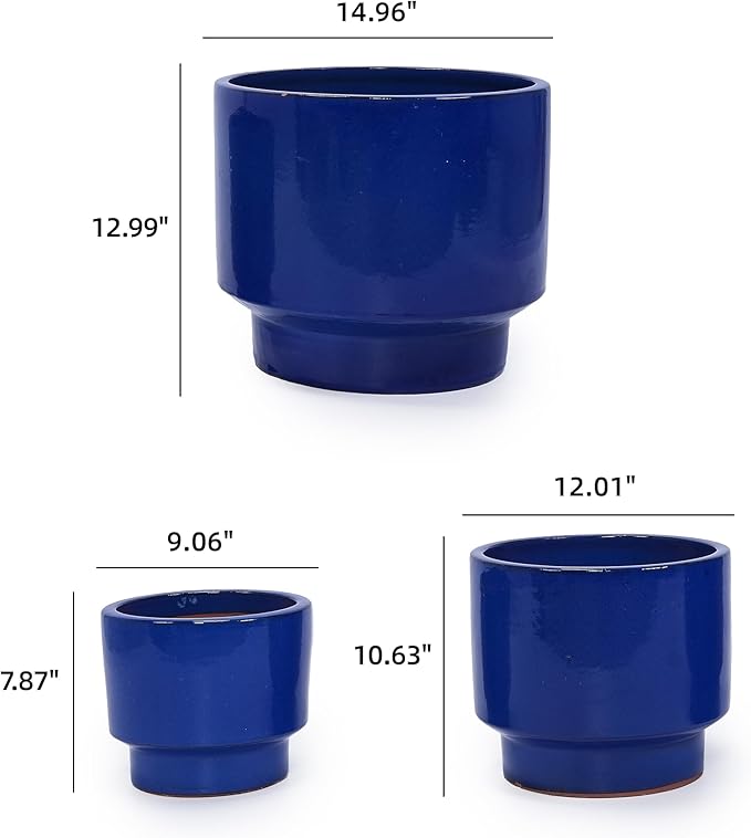 Handmade Solid Blue Glazed Ceramic Planter Set of 3 15129 Inch Diameter for Succulents Flowers Outdoor G Indoor Staircase Use Breathable Porous Clay