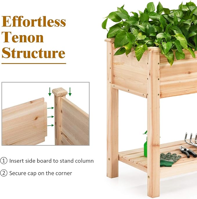 S AFSTAR Raised Garden Bed with Storage Shelf Elevated Cedar Wood Planter Box with Legs Outdoor Gardening Planting Bed for Vegetables Flower Herb Grow Great for Backyard Patio Lawn