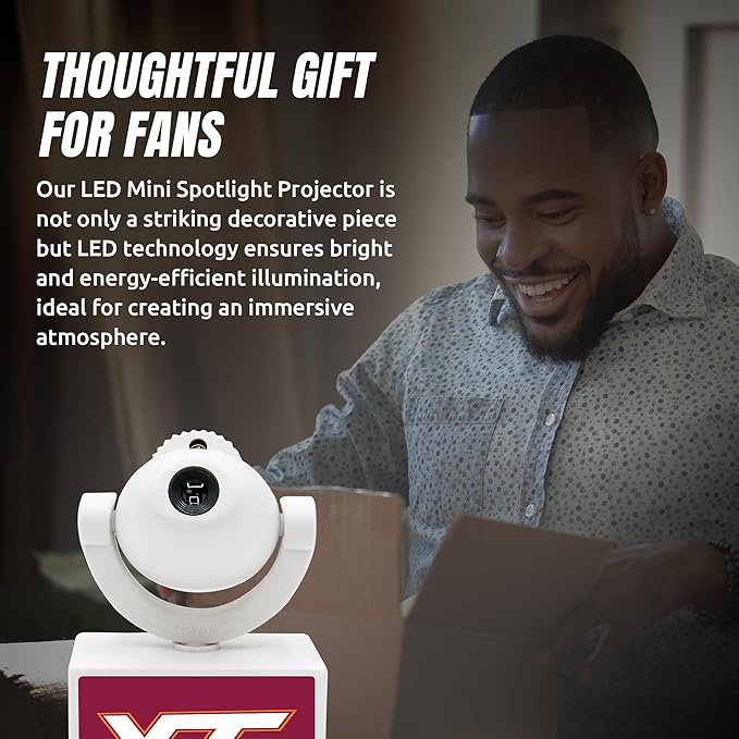 Sporticulture NCAA American Football VT Hokies - Adjustable Led Mini Spotlight Projector with 6 Team Logo Designs - Portable &amp Rechargeable Spotlight - Battery-Operated - 4.375” x 3.125”