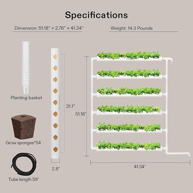 VIVOSUN Hydroponic Grow Kit 54 Plant Sites 6 Food-Grade PVC-U Pipes Hydroponics Planting System with Water Pump Pump Timer Nest Basket and Sponge for Leafy Vegetable