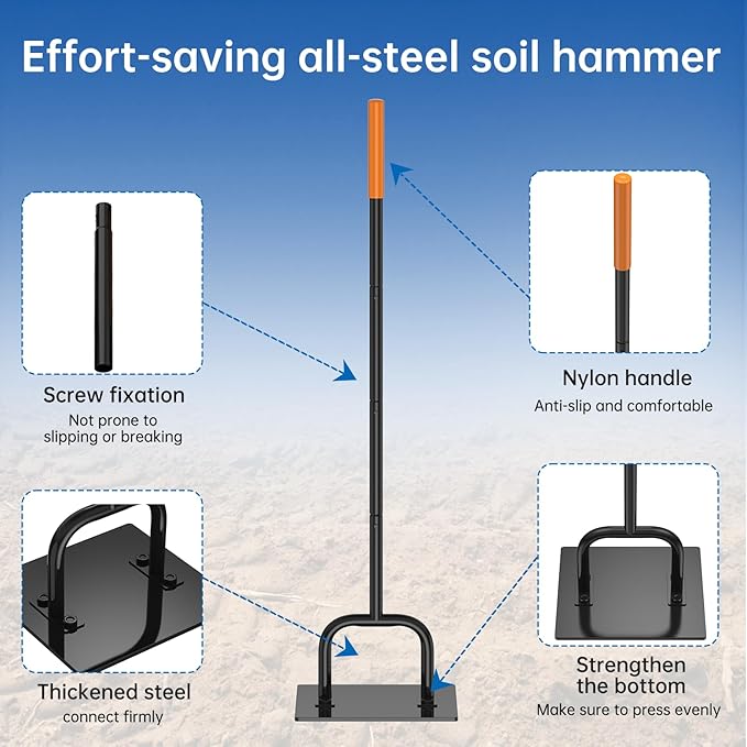 Effort-Saving Ergonomic Garden U-Shaped Steel Tamper10x10Inch 3Sections 57Inch Overall Length with Rubber Grip for Compacting Soil Gravel Asphalt and Driveways Garden Landscaping Tools