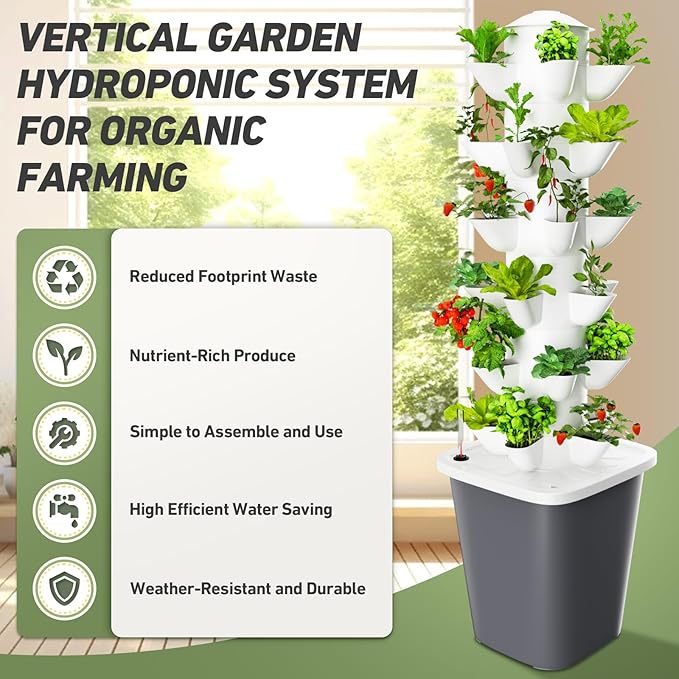 Hydroponics Growing System30-Plants Vertical Hydroponics Tower Growing System Kit with Pump and Movable Water Tank Vegetable Plant Indoor Garden Planter for Gardening Lover