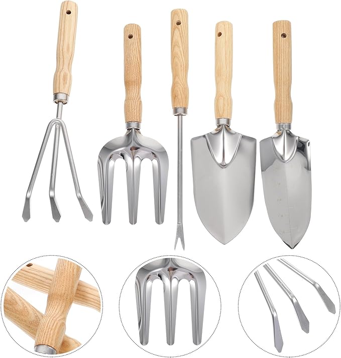 Homoyoyo 5pcs Garden Tool Set with Wood Handles Stainless Steel Digging Shovel Weeding Fork and Portable Rake for Outdoor Planting and Lawn Care