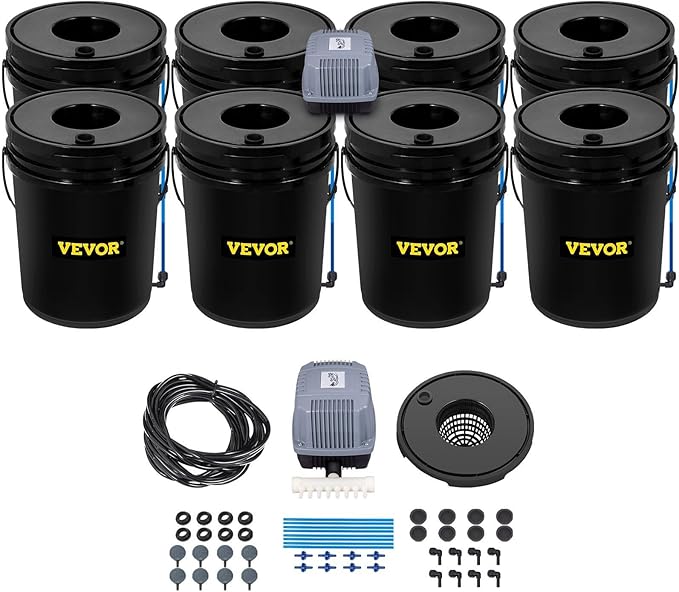DWC Hydroponic System 5 Gallon 8 Buckets Deep Water Culture Growing Bucket Hydroponics Grow Kit with Pump Air Stone and Water Level Device for Indoor/Outdoor Leafy Vegetables