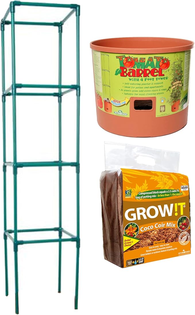 Hydrofarm Tomato Barrel Pot Garden Planting System with 4 Foot Trellis Tower &amp Grow!T Coco Coir Mix Block for Hydroponics Indoor and Outdoor Plants