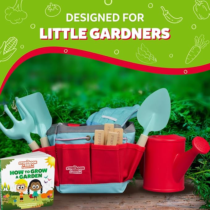 Matching Board Book - Red Kids Gardening Tools Set Includes Sturdy Tote Bag Watering Can Shovel Rake and Trowel - Garden Storybook - Kids Garden Tools- Easter Gifts for Toddler Age on up.