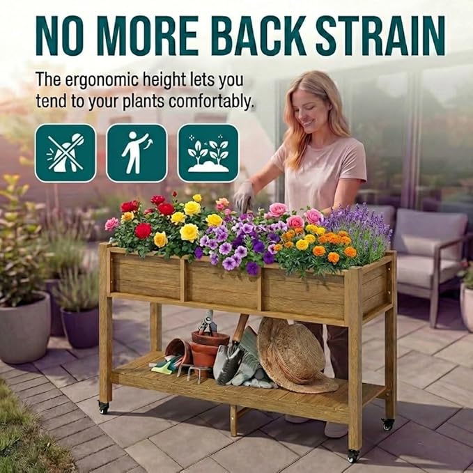 YITAHOME Raised Garden Bed HDPE 47x18x31In Herb Garden Bed Poly-Wood Weather-Resistant Elevated Planter Box with Lockable Wheels &amp Storage Shelf for Vegetable Flower Brown