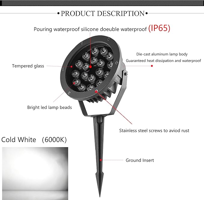 Outdoor LED Spotlight Waterproof Bright Outdoor Landscape Automatic Timer Mini Lawn Lamp 18W Graden Lights with Spiked Stand Lawn Decorative Lamp with Plug Courtyard Flag Light Cool White