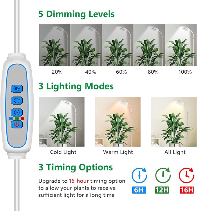 Floor Grow Lights for Indoor Plants Full Spectrum Plant Light with 68 Stand for Growing Large Tall Plants White Halo Grow Lamp with 6/12/16H Timer 3 Light Modes 5 Dimming