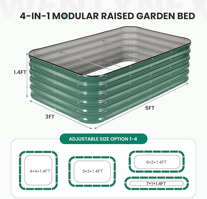5×3×1.4FT Galvanized Raised Garden Bed Outdoor Metal Raised Garden Bed Kit Large Planter Raised Beds 4 In1 Modular Raised Planter Box OutdoorRaised Beds for Gardening for Vegetables Flowers Herbs