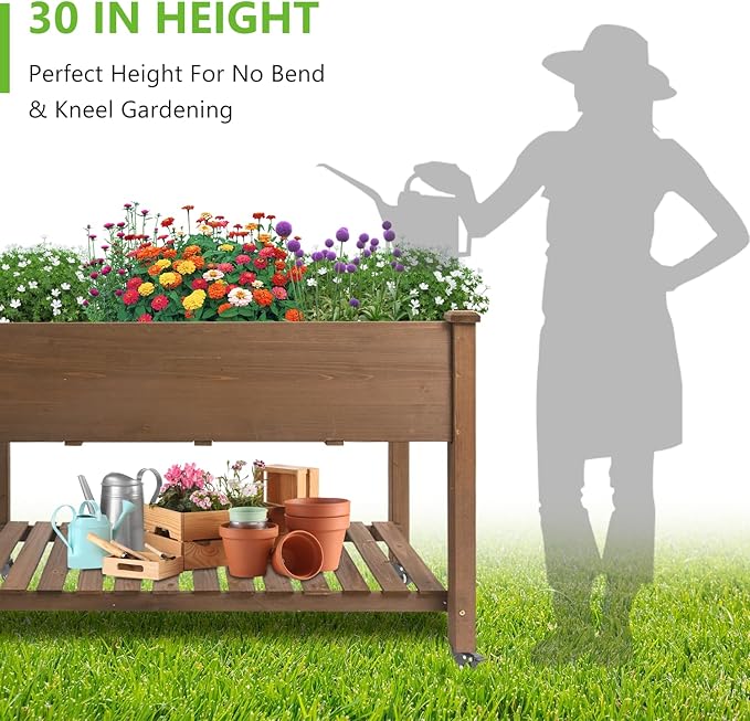Raised Garden Bed with Legs &amp Wheels – Outdoor Elevated Planter Box with Storage Shelf &amp Hooks for Vegetables Flowers and Herbs for Outdoor Gardening Patio Balcony48x 24x 33(Brown)