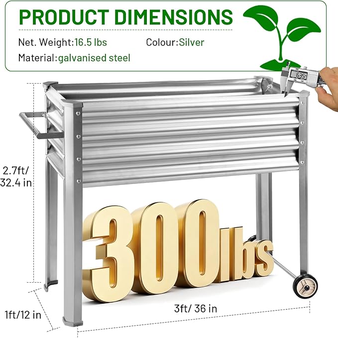 Land Guard 2 Pack Galvanized Raised Garden Bed with Legs &amp Wheels 36×12×32in Metal Elevated Raised Planter Box for Backyard Patio Balcony 300lb Capacity Silver