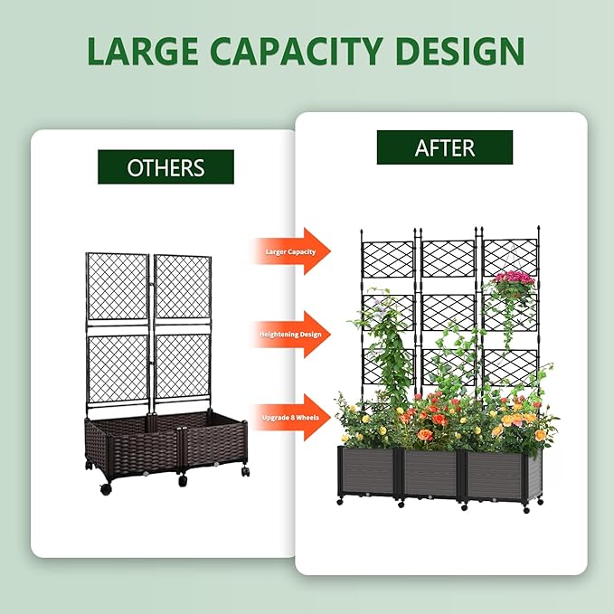 Raised Garden Bed Planter Box with Trellis 63''H Tomato Planters for Climbing Plants Vegetable Vine Flowers Outdoor Patio Tomato Cage Self Watering Planter with Wheels