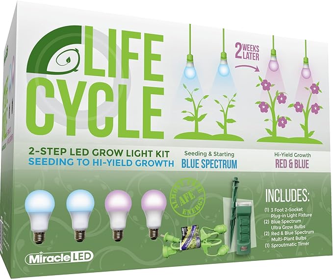 Miracle LED Plant Life Cycle 2-Socket Synchronized Grow Light Kit with 2 Blue Spectrum Ultra Grow Bulbs and 2 Red &amp Blue Spectrum Multi-Plant Bulbs and Sproutmatic All-Weather Timer Controls