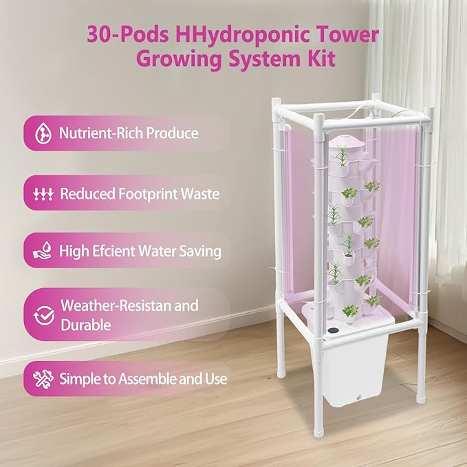 Hydroponic Tower Growing System Kits with LED Grow Lights 30 Pods Indoor Vertical Planter Germination Kit 6 Layers Hydroponic Tower for Fruits Vegetables Herbs and Miniature Greens (White)