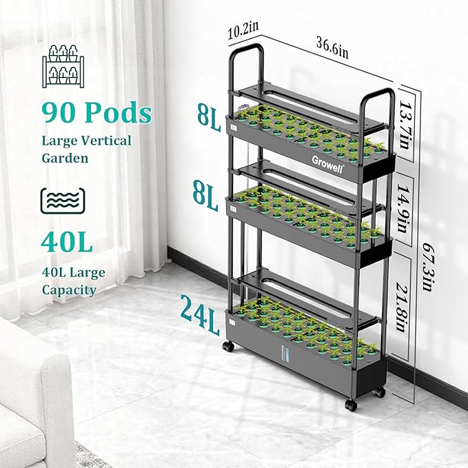 90-Pod Hydroponics Growing System Large Vertical Hydroponic Garden with Smart Full-Spectrum Grow Lights Auto Circulating Water Mobile Indoor Gardening System for Herbs Vegetables &amp Fruits