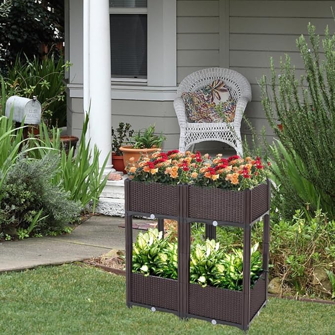 Modular Raised Garden Bed 4-Pack Free-Splicing Design Sturdy Plastic Construction Weather-Resistant Rattan-Look Planter Box for Vegetables Flowers Herbs Garden Box for Patio Yard or Balcony