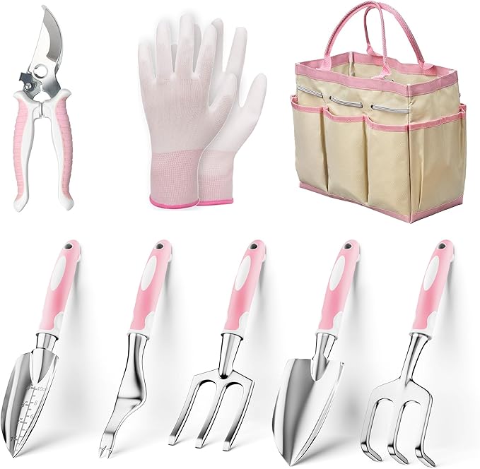 Garden Tools 8 Piece Gardening Tools with Bag Heavy Duty Stainless Steel Garden Tools Set Outdoor Hand Tools Ideal Garden Tool Kit Gifts for Women Pink.
