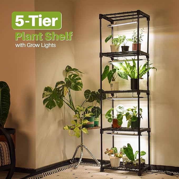 Plant Shelf with Grow Light 5 Tier Plant Stand with Grow Light Metal Plant Rack with 4 Pack 36W Plant Light for Indoor Plant Seed Start Seedling Seed Trays 11.8 W x 15.7 L x 59 H